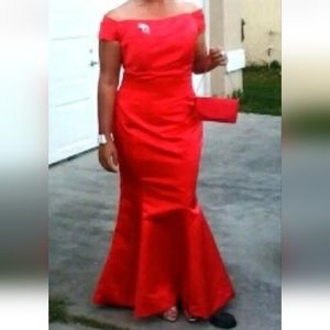Long red formal dress (around size 12) with purse (pre-owned, no jewelry)